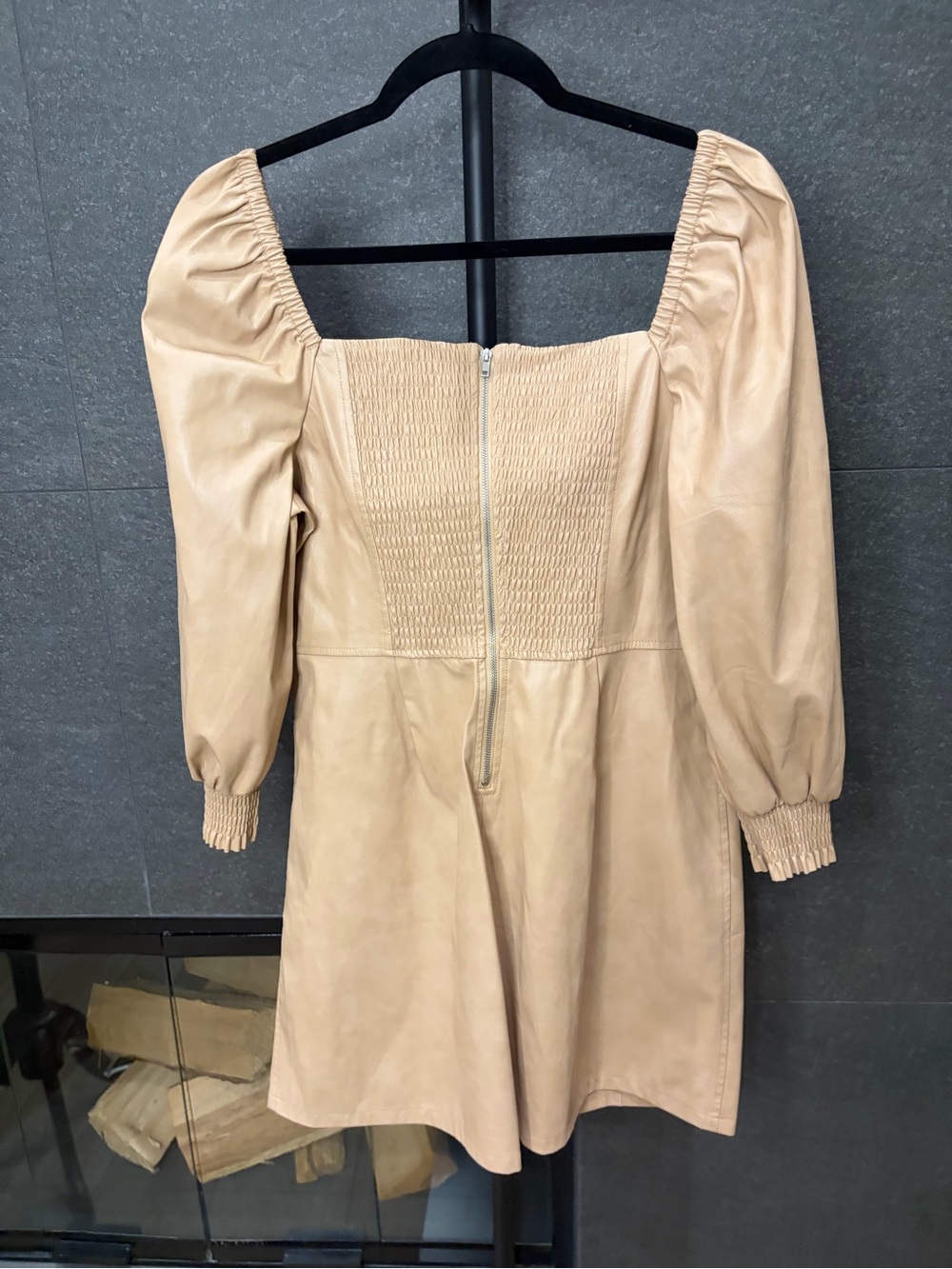 7 For All Mankind Tan Faux Leather Puff Sleeve Mini Dress Size Large - Picture 5 of 13